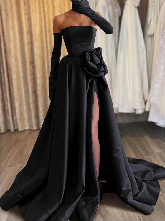 Luolandi A-Line Evening Gown Elegant Formal Sleeveless Strapless Satin Long Prom Dress with Slit No With Gloves